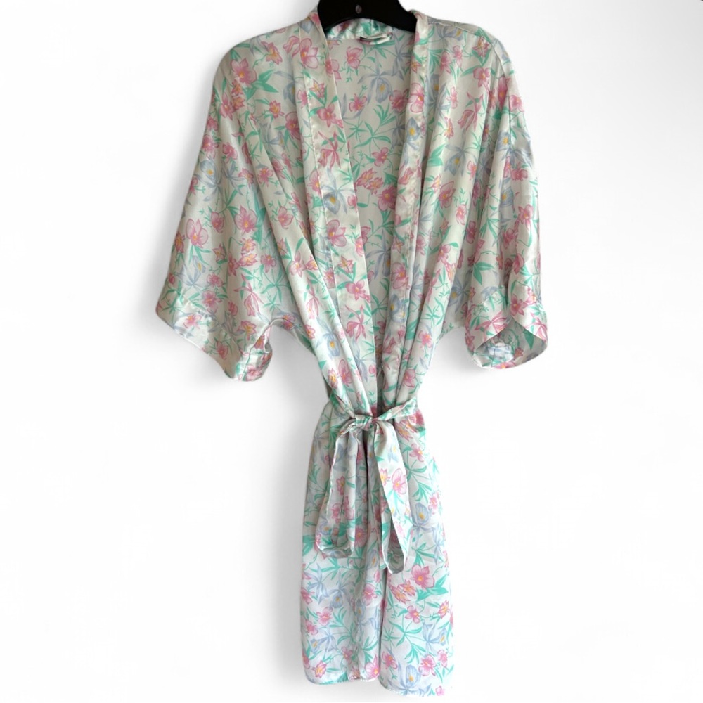 VINTAGE SILVERCORD Floral Pastel Silky Satin Kimono Robe Belt Short Sleeve | OS